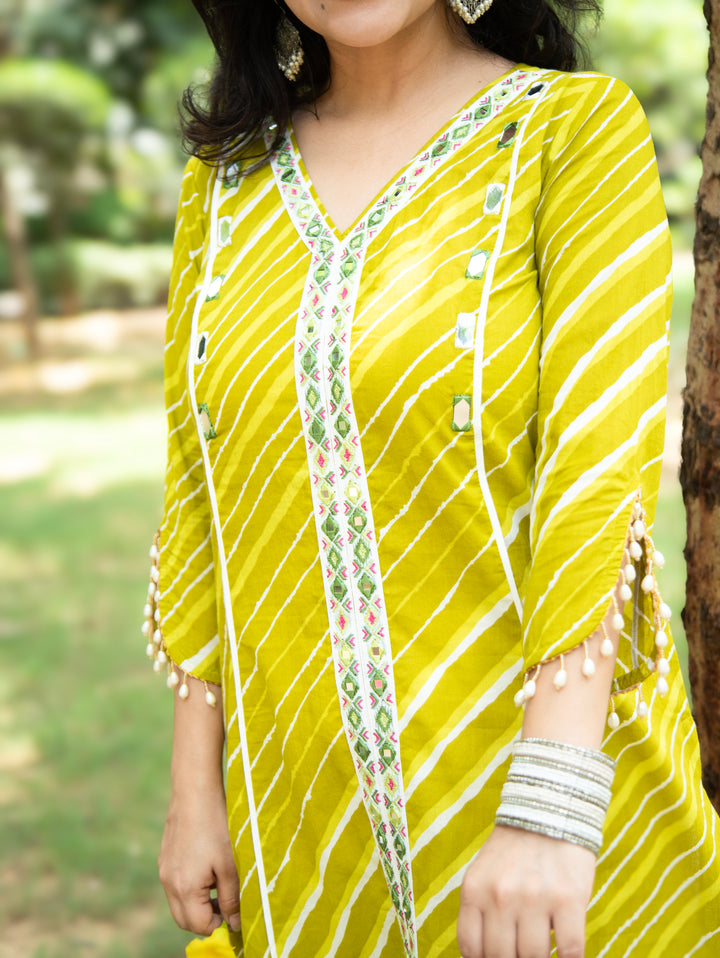 Leher Leaf Green Embroidered Lace Panel Leheriya Cotton Kurti