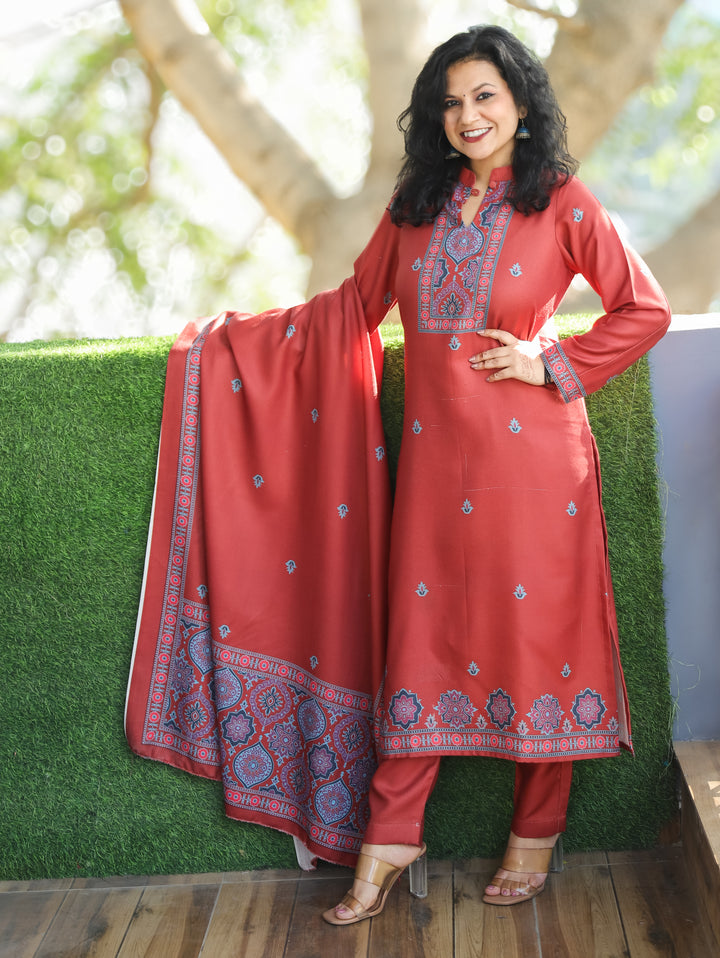 Trisha Coral Rust Ban Collar with Button Ajrak Print Semi Pashmina 3 Piece Set