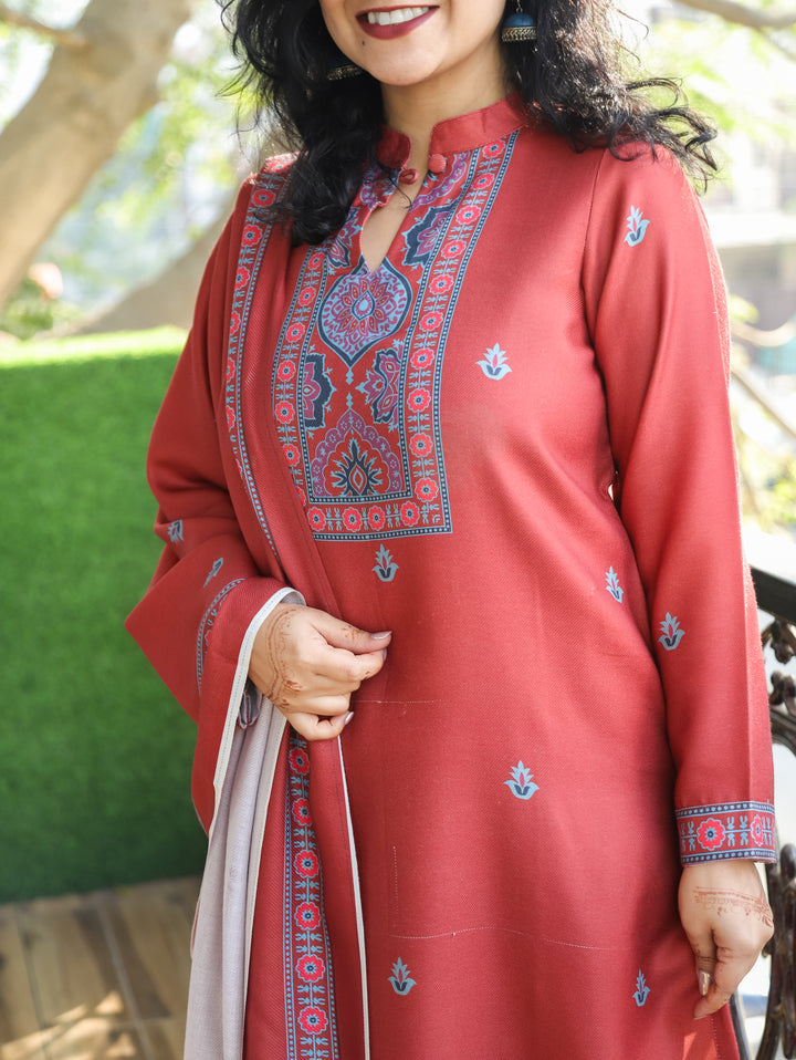 Trisha Coral Rust Ban Collar with Button Ajrak Print Semi Pashmina 3 Piece Set