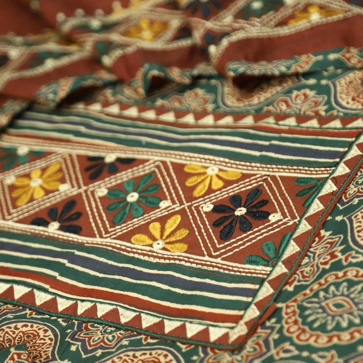 Banjaari Sacramento Green  Thread Embroidered Yoke on Ajrak Printed Cotton Suit Set