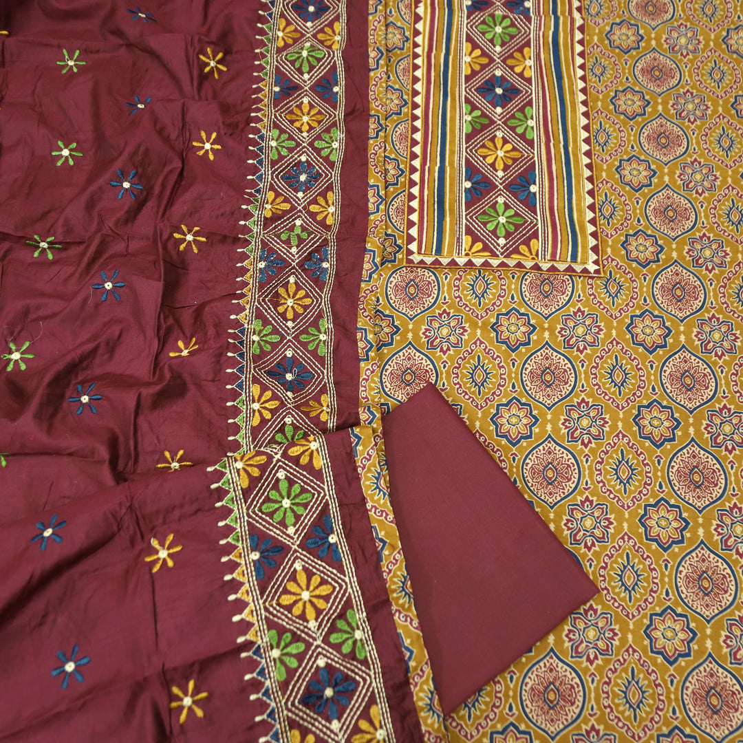 Banjaari Dandelion Yellow Thread Embroidered Yoke on Ajrak Printed Cotton Suit Set