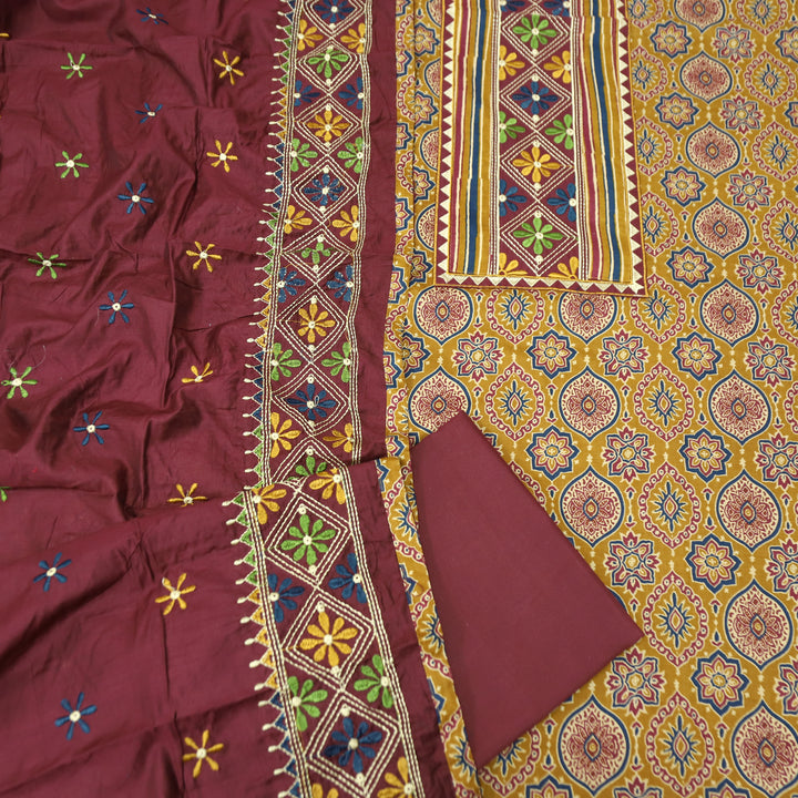 Banjaari Dandelion Yellow Thread Embroidered Yoke on Ajrak Printed Cotton Suit Set