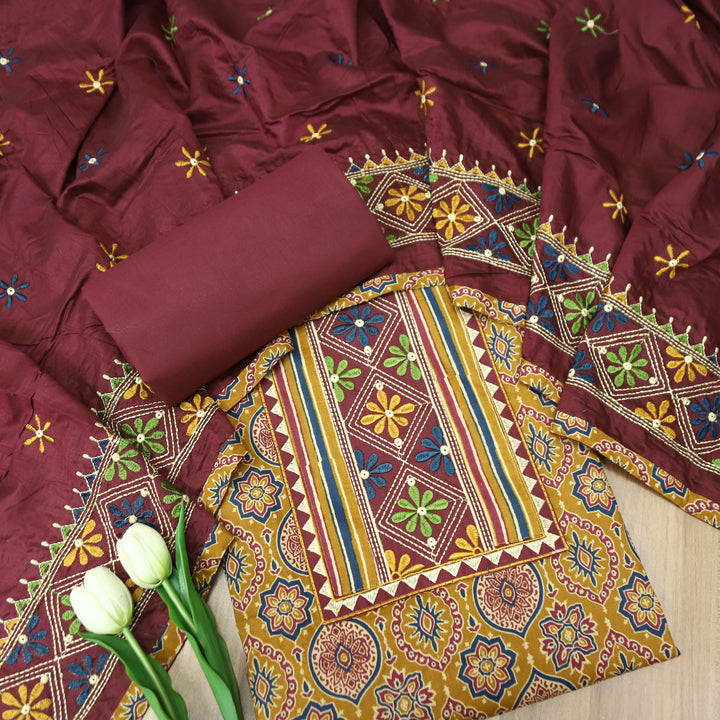 Banjaari Dandelion Yellow Thread Embroidered Yoke on Ajrak Printed Cotton Suit Set