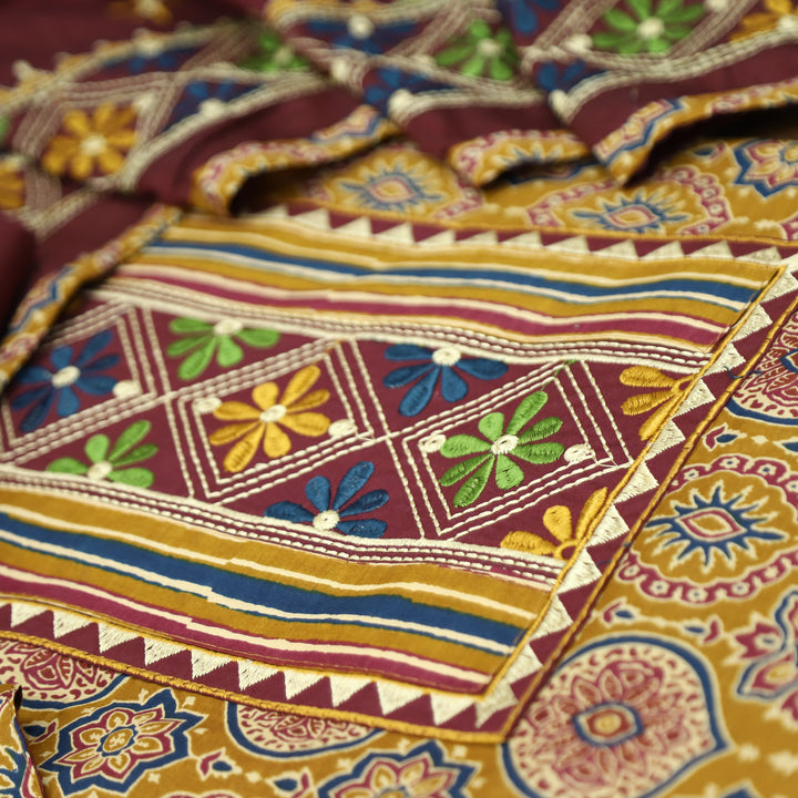 Banjaari Dandelion Yellow Thread Embroidered Yoke on Ajrak Printed Cotton Suit Set