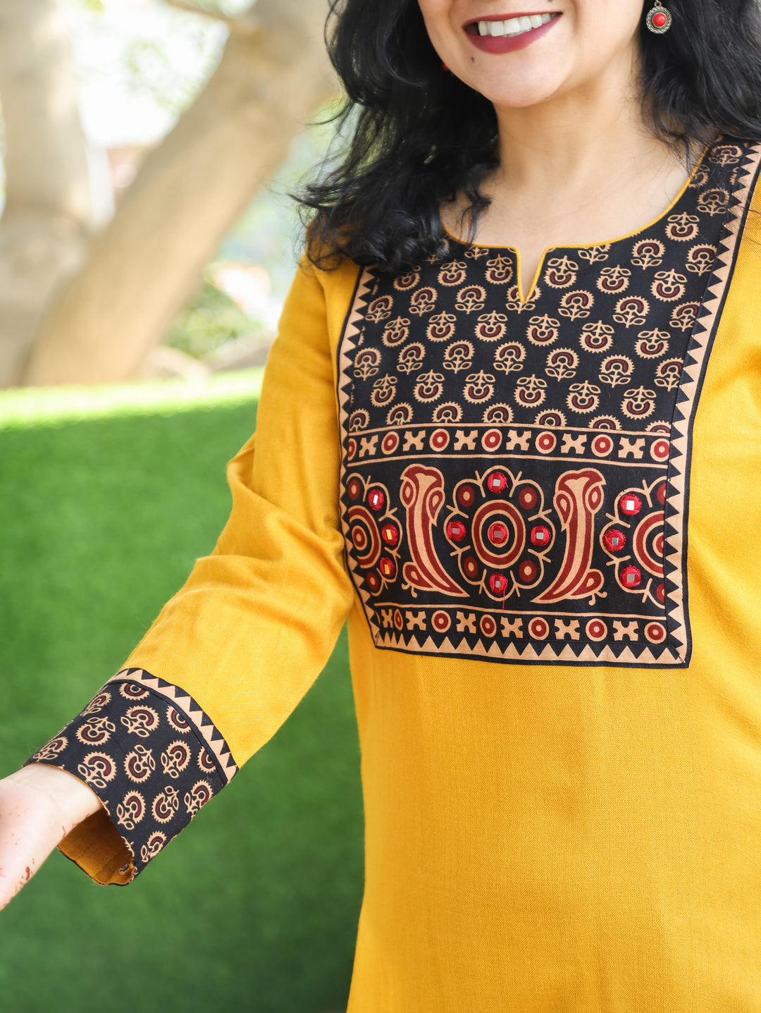 Soniya Beetle Yellow Mirror Work Gamthi Print Yoke Winter Twill Kurti D2