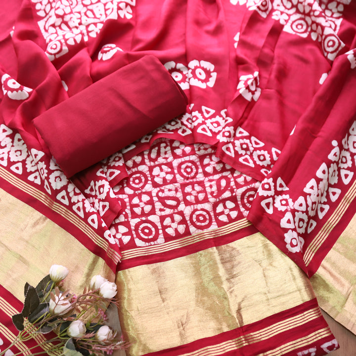 Premika Pomegranate Red  All Over Batik Printed with Jacquard Weaved Hem Modal Set