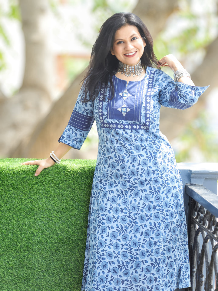Molly Stone Blue Dabu Printed Cotton Kurti