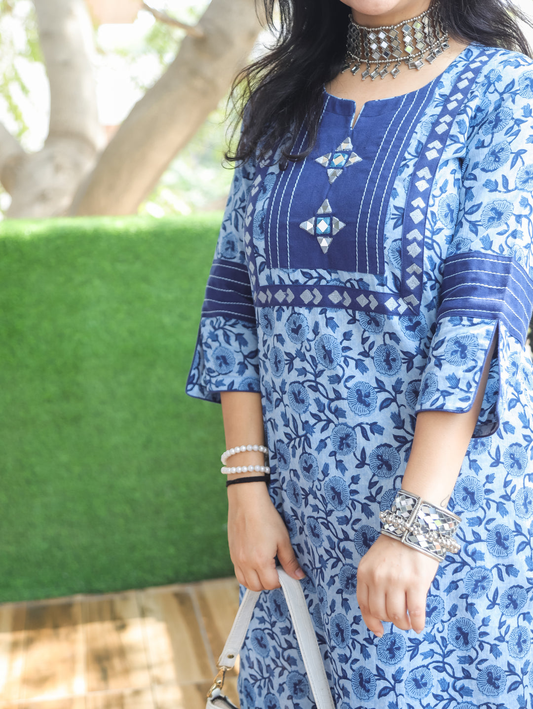 Molly Stone Blue Dabu Printed Cotton Kurti