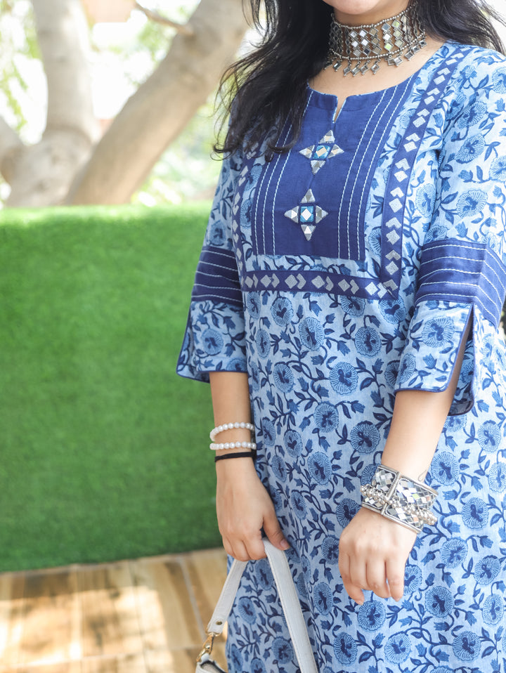 Molly Stone Blue Dabu Printed Cotton Kurti
