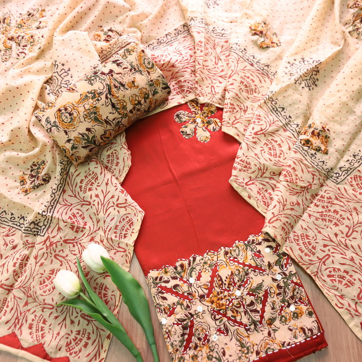 Saloni Rust Orange All Over Kalamkari Applique Work Hem Glazed Cotton Set