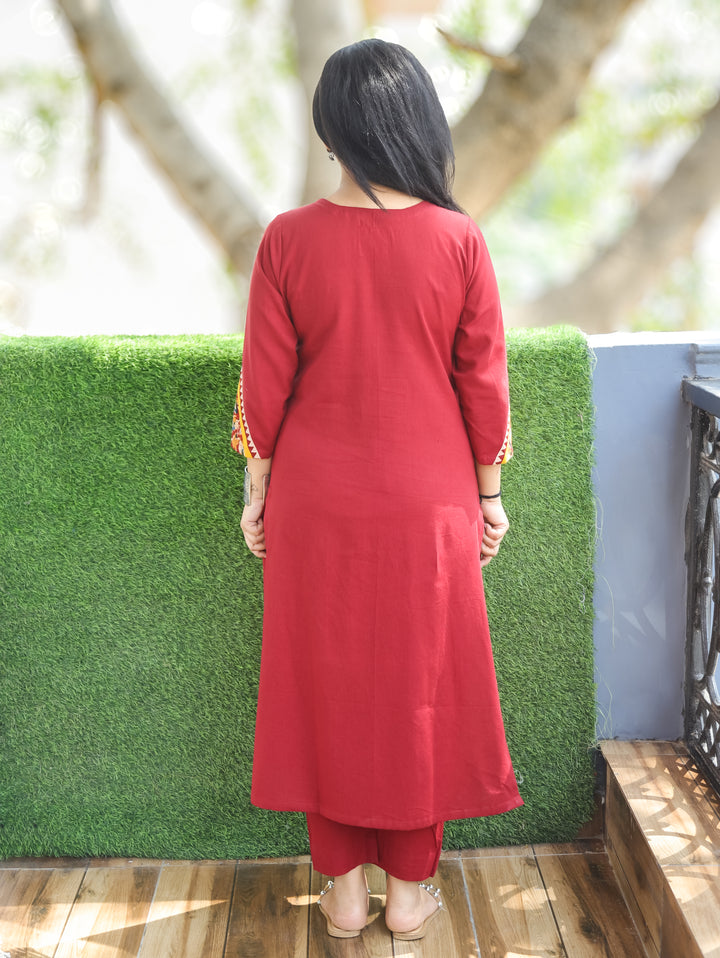 Titli Red Pichwai Embroidered Cotton Kurti