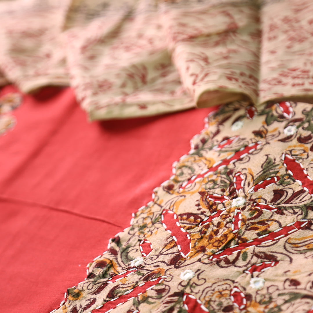 Saloni Rust Orange All Over Kalamkari Applique Work Hem Glazed Cotton Set
