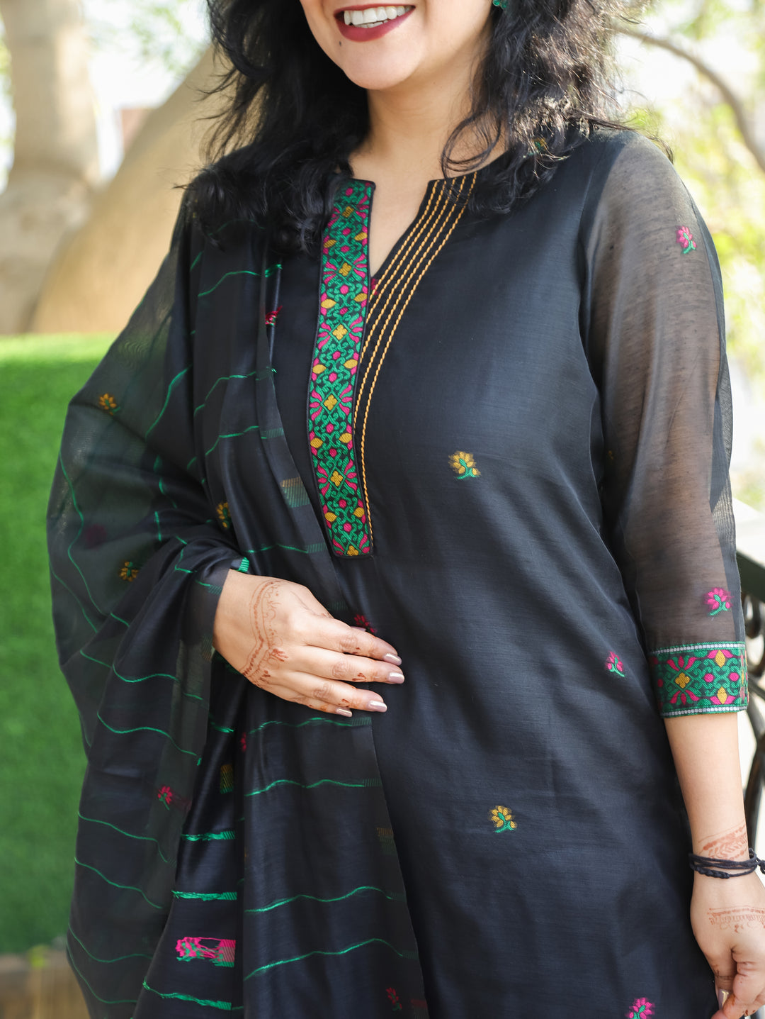 Subhadra Black Ban Collar Running Thread Pichwai Jamdani Chanderi 3 Piece Set