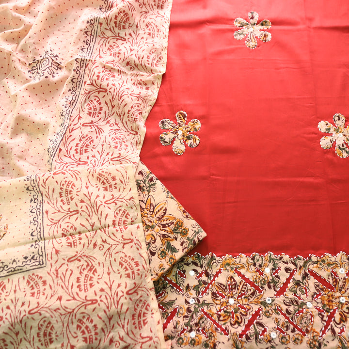 Saloni Rust Orange All Over Kalamkari Applique Work Hem Glazed Cotton Set