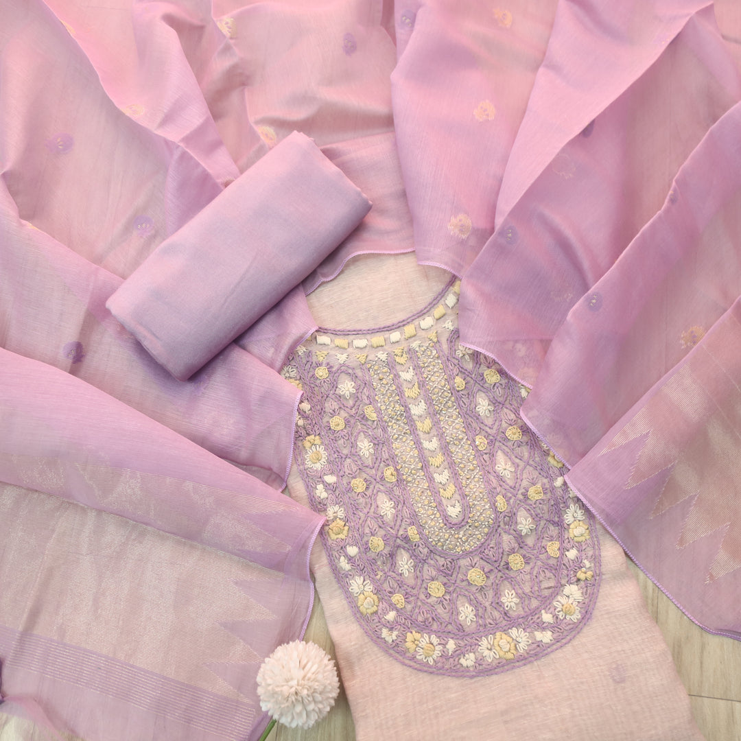 Roop Sand Beige with Lilac Thread Embroidery Neck Work Jamdani Suit Set