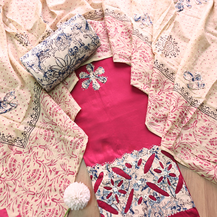 Saloni Magenta Pink All Over Kalamkari Applique Work Hem Glazed Cotton Set