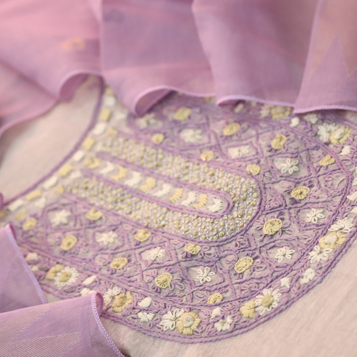 Roop Sand Beige with Lilac Thread Embroidery Neck Work Jamdani Suit Set