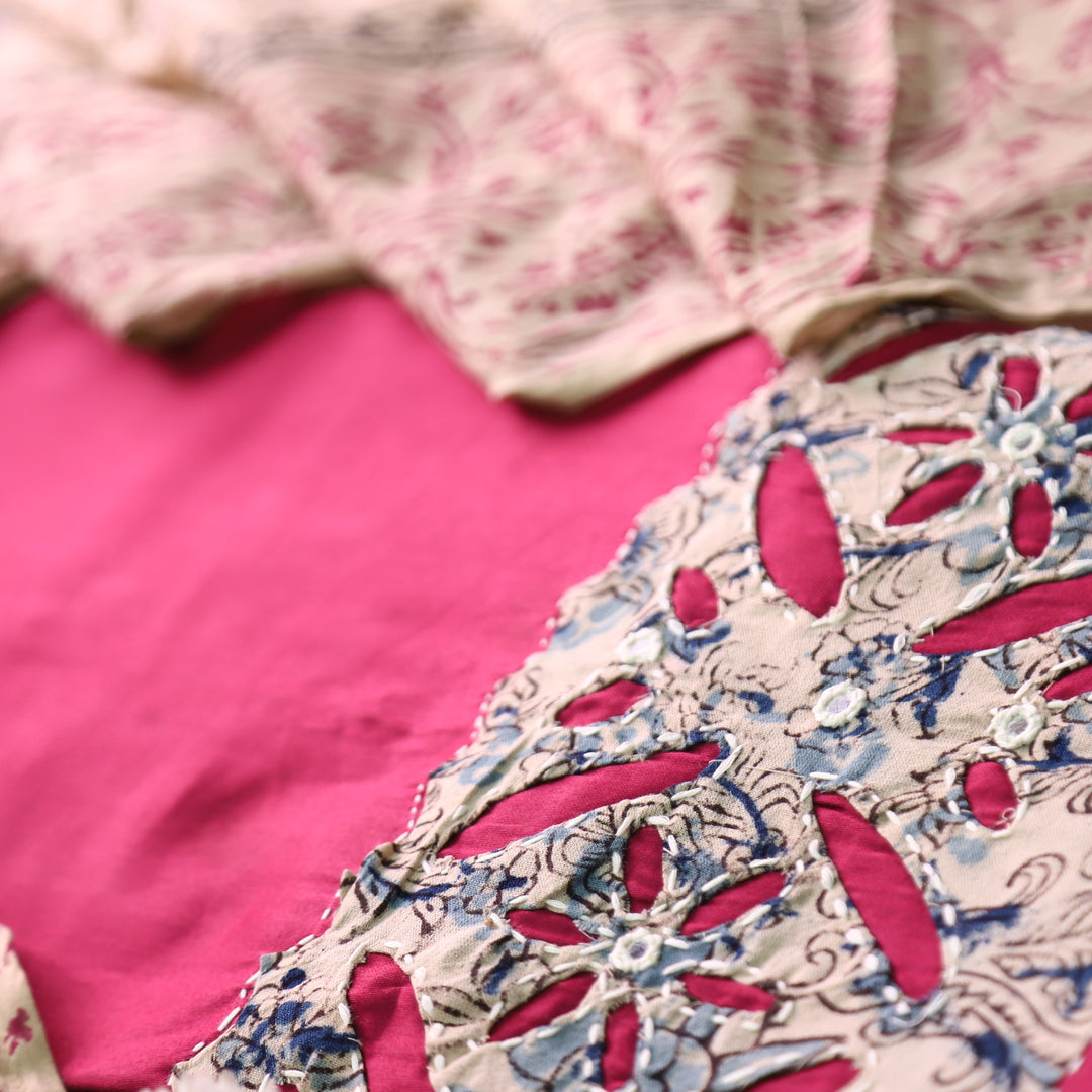 Saloni Magenta Pink All Over Kalamkari Applique Work Hem Glazed Cotton Set