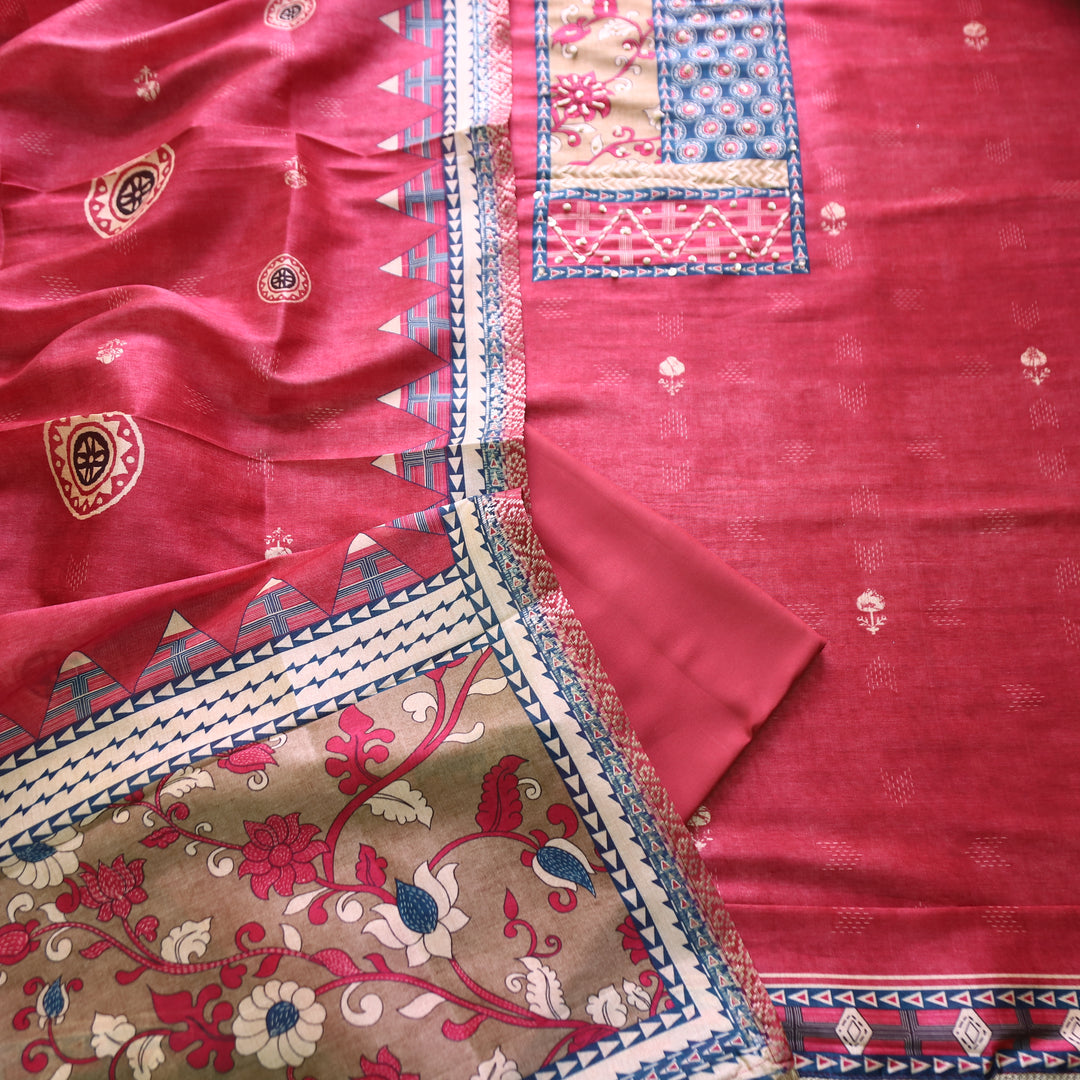 Alebli Mauve Pink Digital Printed Yoke with French Knot Work Art Chanderi Set