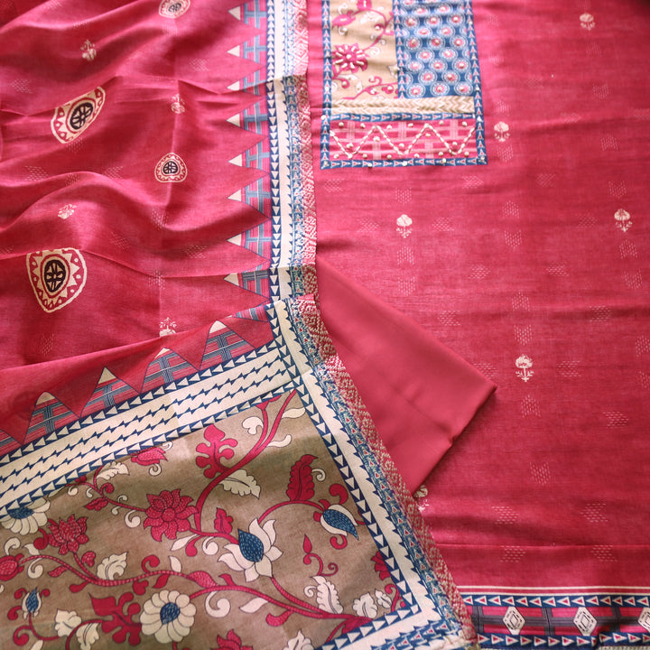 Alebli Mauve Pink Digital Printed Yoke with French Knot Work Art Chanderi Set