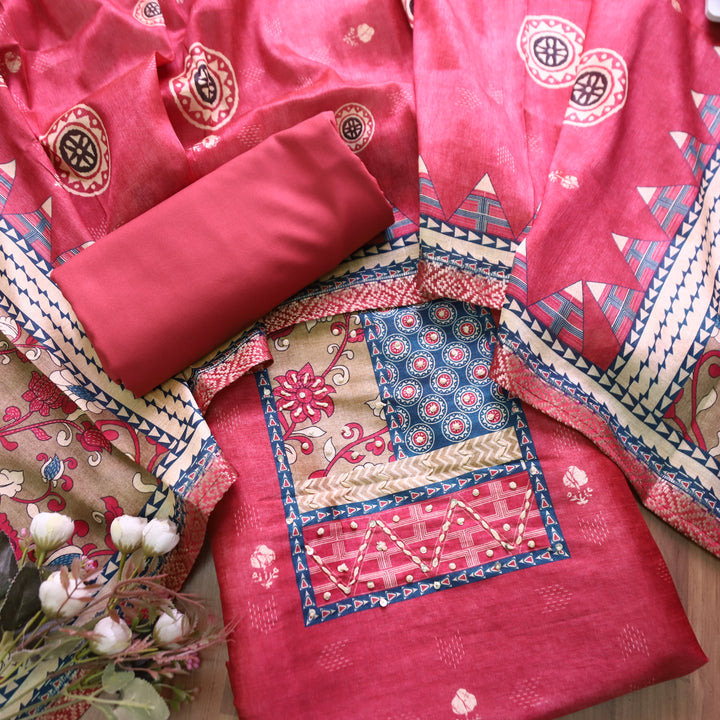 Alebli Mauve Pink Digital Printed Yoke with French Knot Work Art Chanderi Set