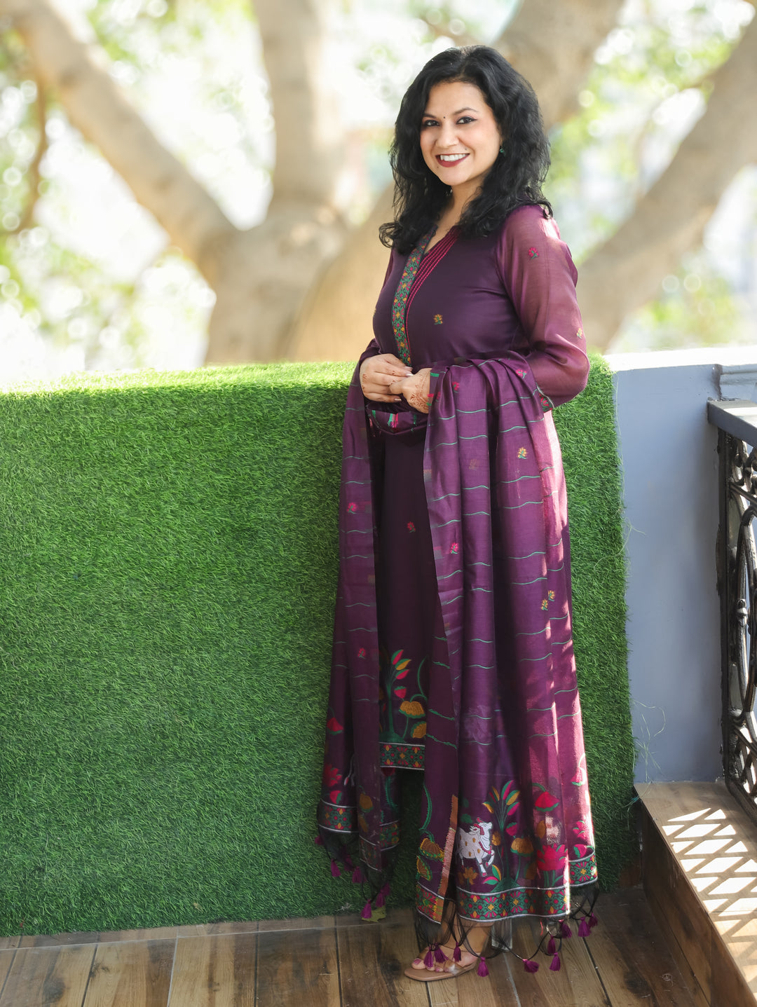 Subhadra Raisin Purple Collar Running Thread Pichwai Jamdani Chanderi 3 Piece Set