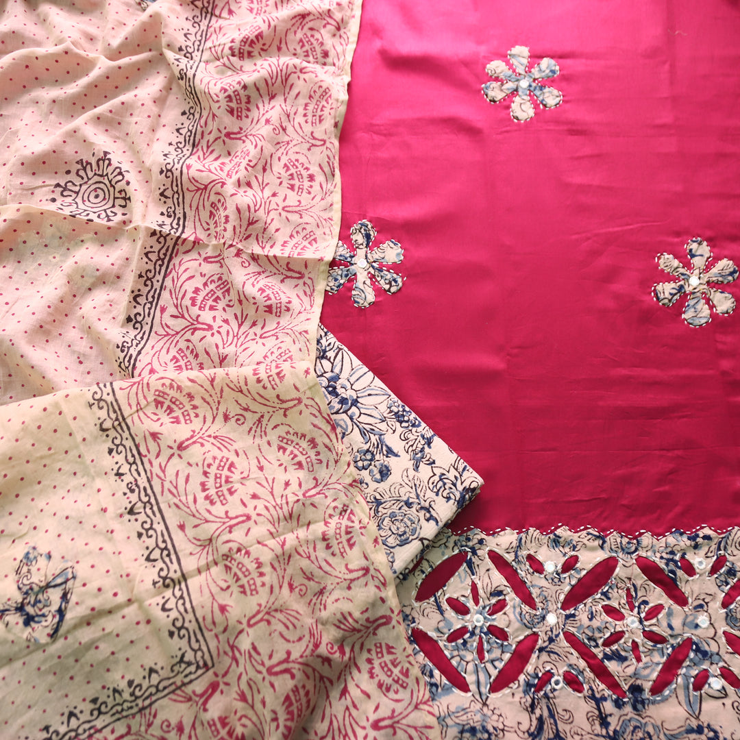 Saloni Magenta Pink All Over Kalamkari Applique Work Hem Glazed Cotton Set