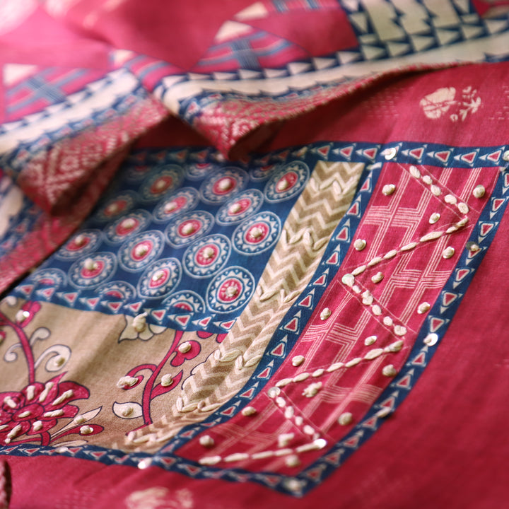 Alebli Mauve Pink Digital Printed Yoke with French Knot Work Art Chanderi Set