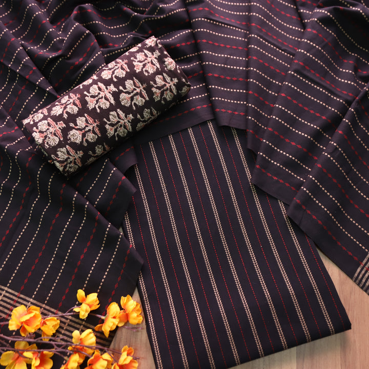 Kamini Midnight Black All Over Thread Weaved Work Cotton Suit Set