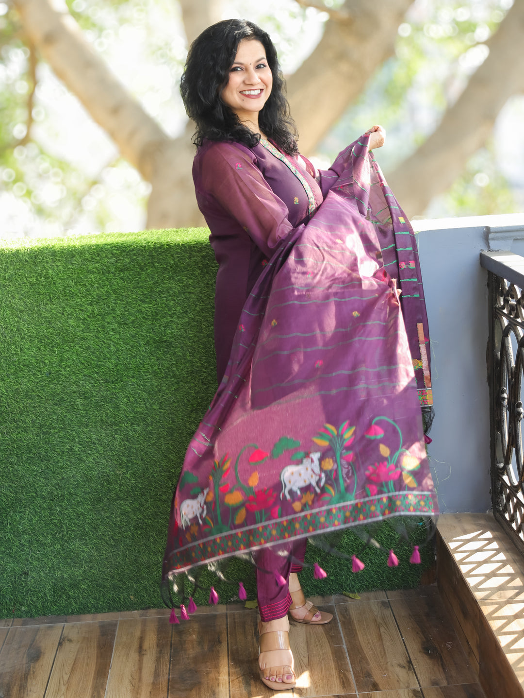 Subhadra Raisin Purple Collar Running Thread Pichwai Jamdani Chanderi 3 Piece Set