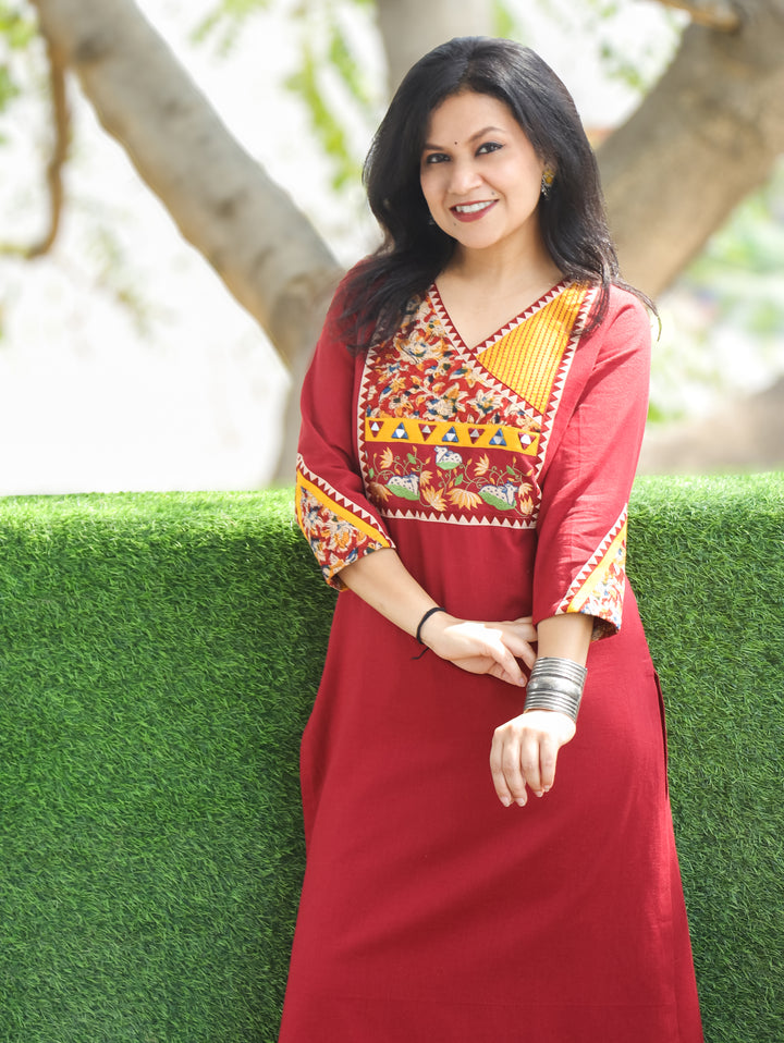 Titli Red Pichwai Embroidered Cotton Kurti