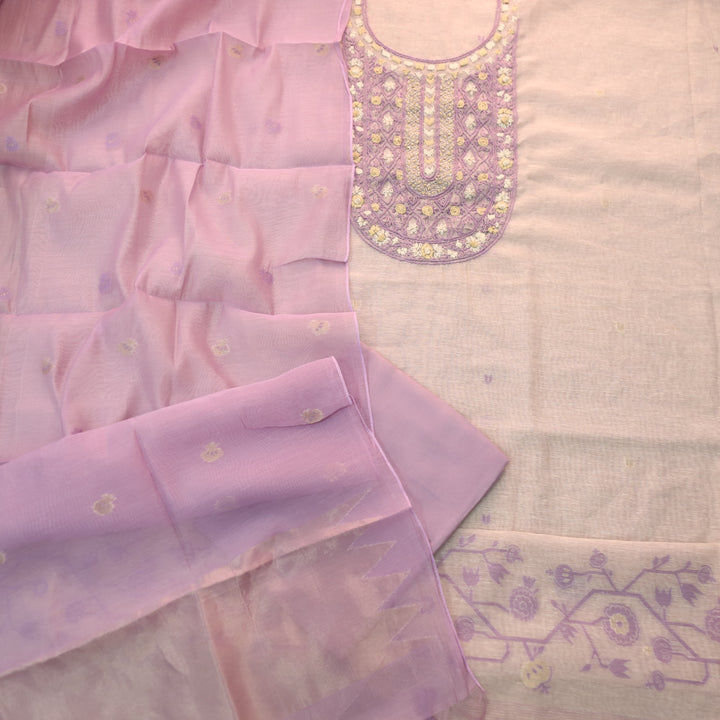 Roop Sand Beige with Lilac Thread Embroidery Neck Work Jamdani Suit Set