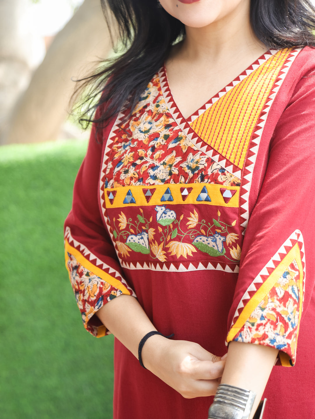 Titli Red Pichwai Embroidered Cotton Kurti