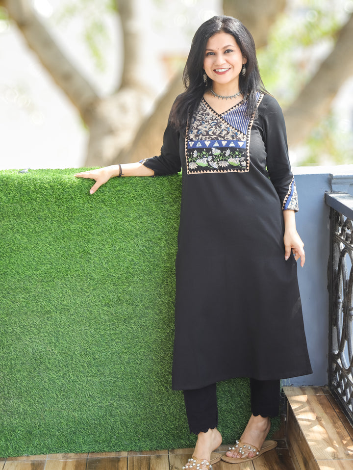 Titli Black Pichwai Embroidered Cotton Kurti
