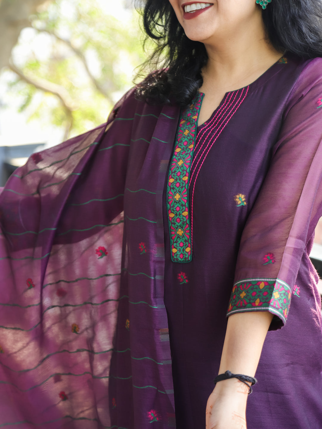 Subhadra Raisin Purple Collar Running Thread Pichwai Jamdani Chanderi 3 Piece Set