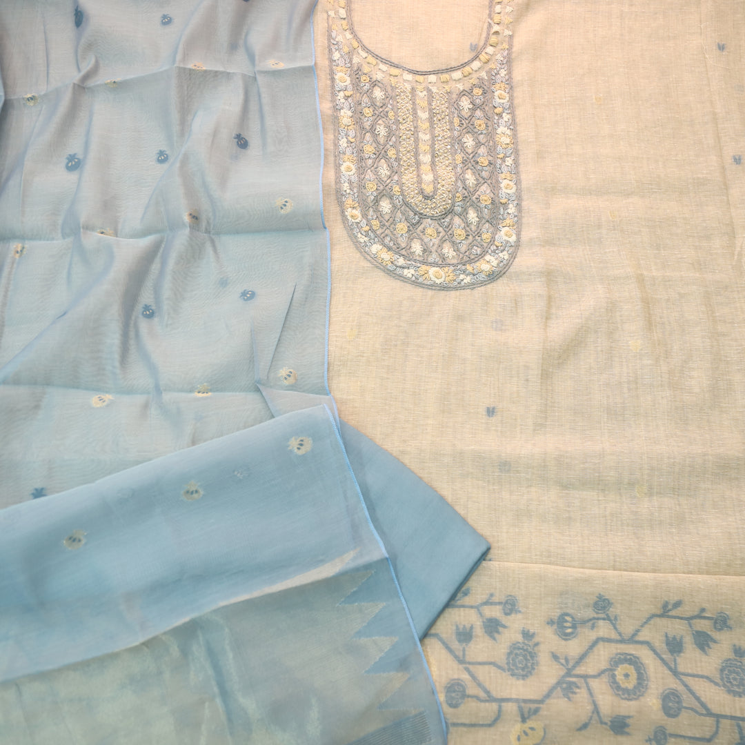 Roop Sand Beige with Blue Thread Embroidery Neck Work Jamdani Suit Set