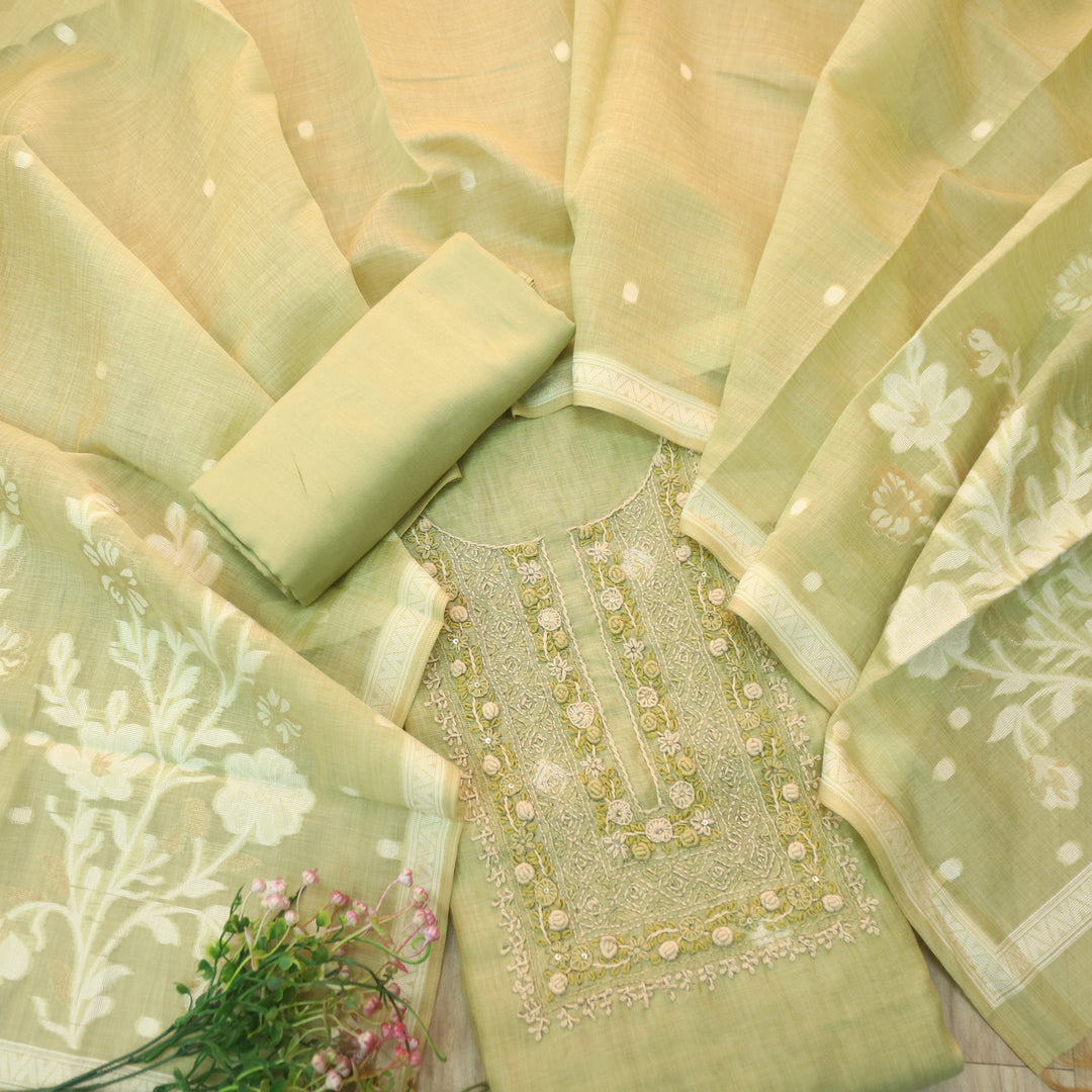 Roop Mint Green Thread Neck Work Jamdani Weaved Suit Set