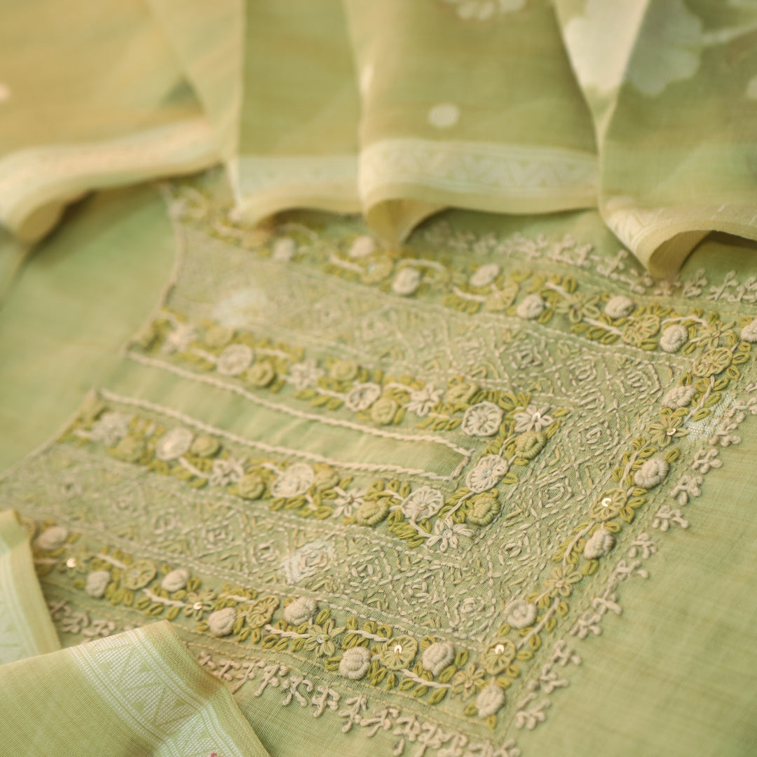 Roop Mint Green Thread Neck Work Jamdani Weaved Suit Set