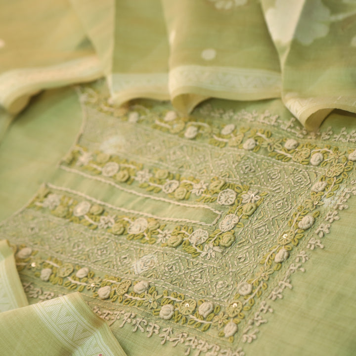 Roop Mint Green Thread Neck Work Jamdani Weaved Suit Set