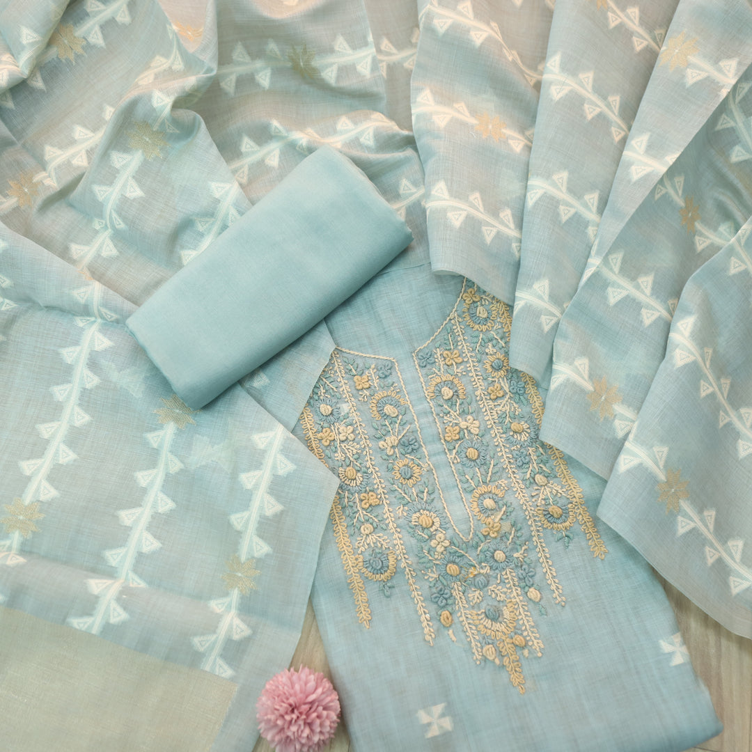 Roop Faded Blue Thread Neck Work Jamdani Weaved Suit Set