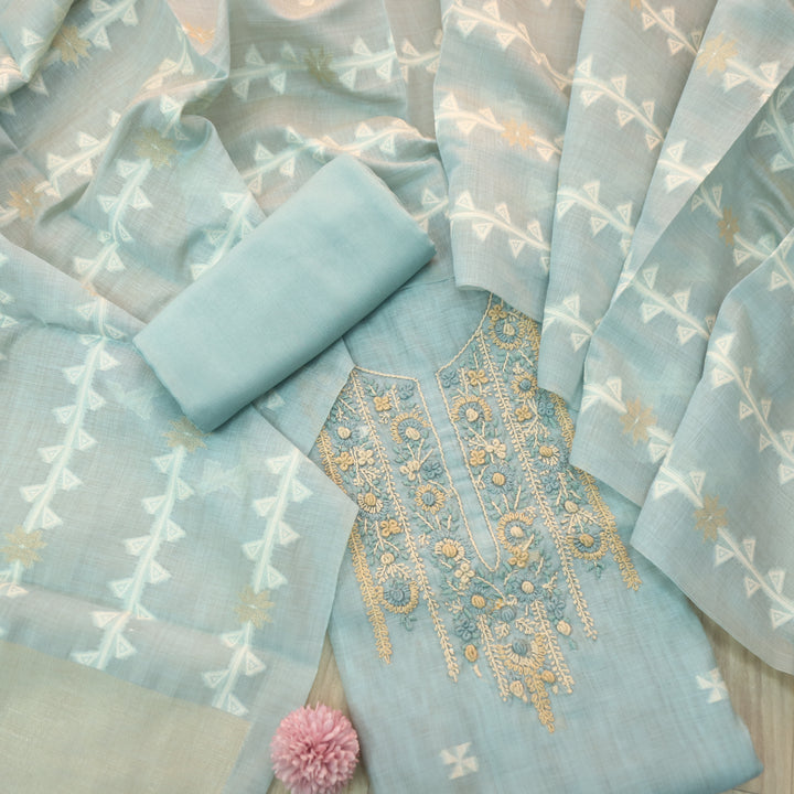 Roop Faded Blue Thread Neck Work Jamdani Weaved Suit Set