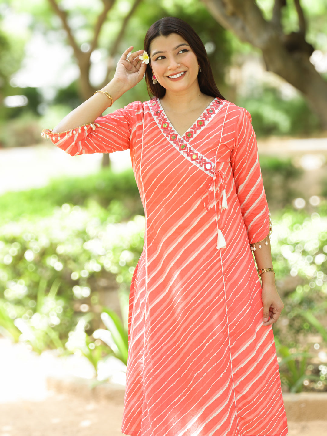 Lehar Rose Peach Panel Style Leheriye Cotton Kurti