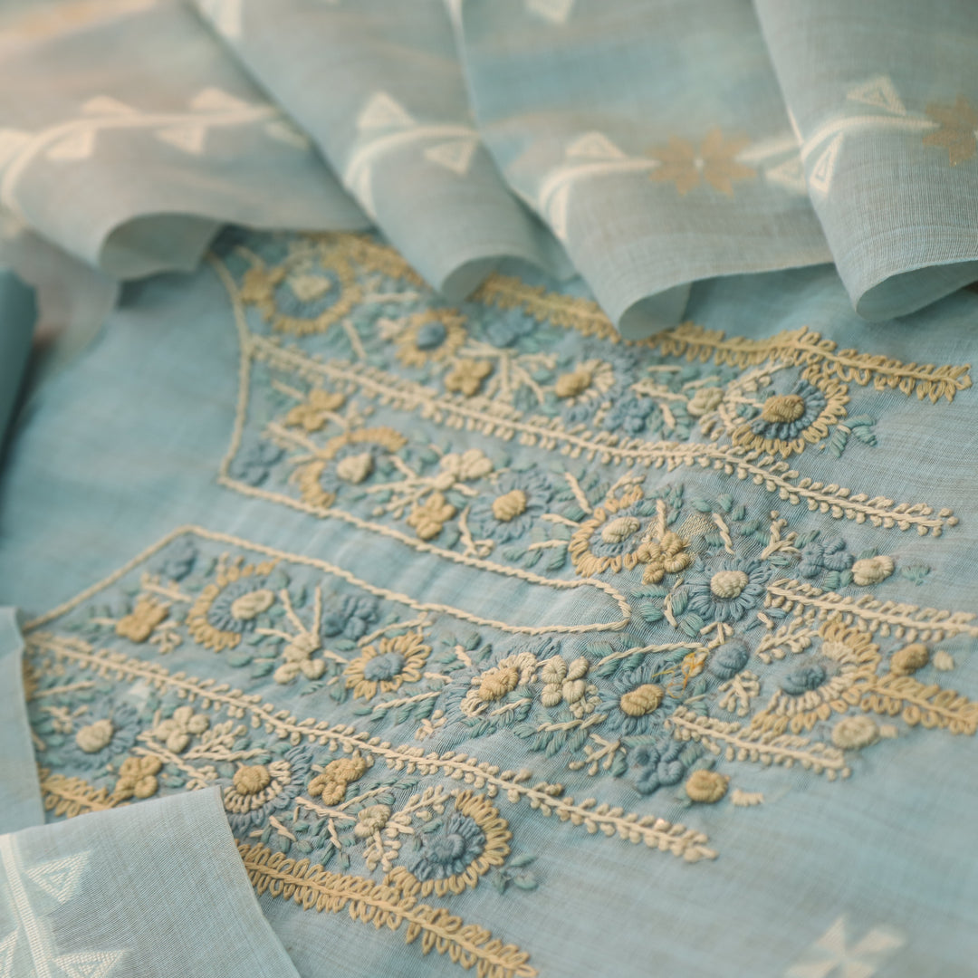 Roop Faded Blue Thread Neck Work Jamdani Weaved Suit Set