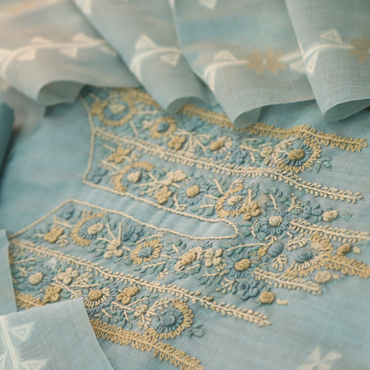 Roop Faded Blue Thread Neck Work Jamdani Weaved Suit Set