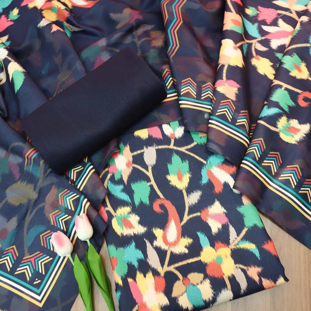 राजवाड़ी Royal Blue Digital Floral Burberry Printed Semi Pashmina Winter Set
