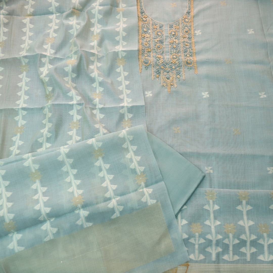 Roop Faded Blue Thread Neck Work Jamdani Weaved Suit Set