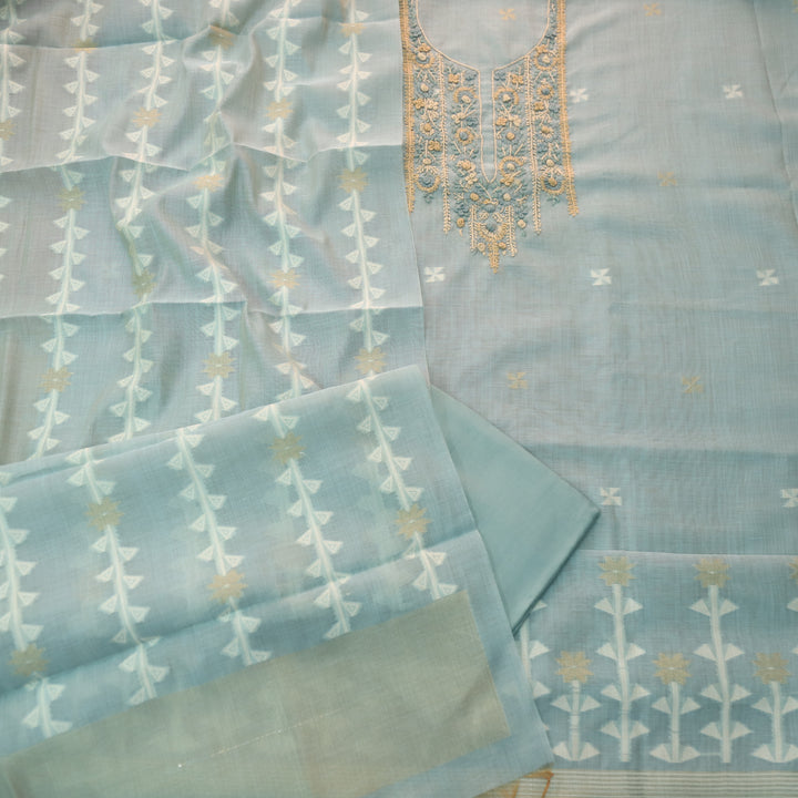 Roop Faded Blue Thread Neck Work Jamdani Weaved Suit Set