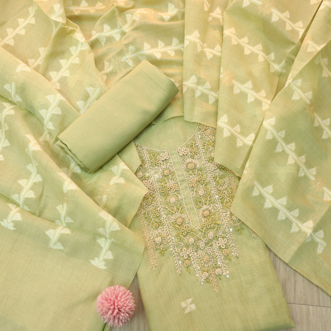 Roop MInt Green Thread Neck Work Jamdani Weaved Suit Set