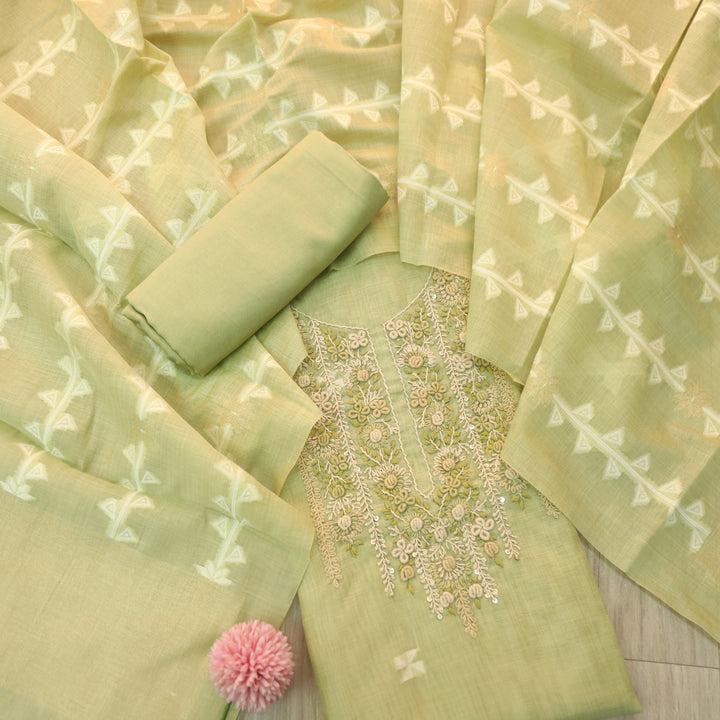 Roop MInt Green Thread Neck Work Jamdani Weaved Suit Set