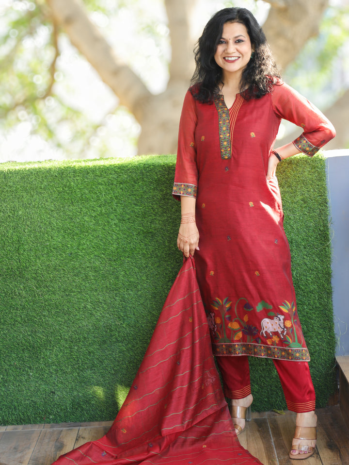 Subhadra Berry Red Collar Running Thread Pichwai Jamdani Chanderi 3 Piece Set